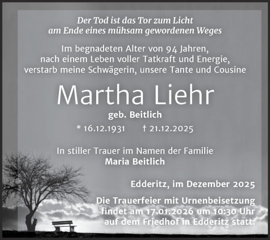 Traueranzeige von Martha Liehr von Trauerkombi Köthen