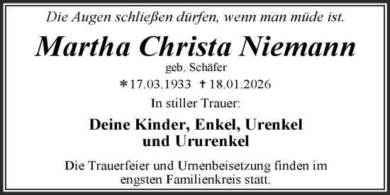 Traueranzeige von Martha Christa Niemann von Trauerkombi Dessau