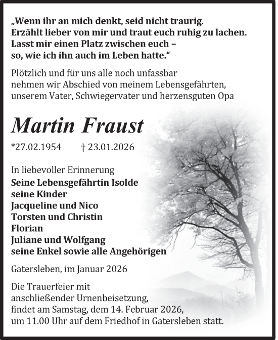 Traueranzeige von Martin Fraust von Trauerkombi Aschersleben