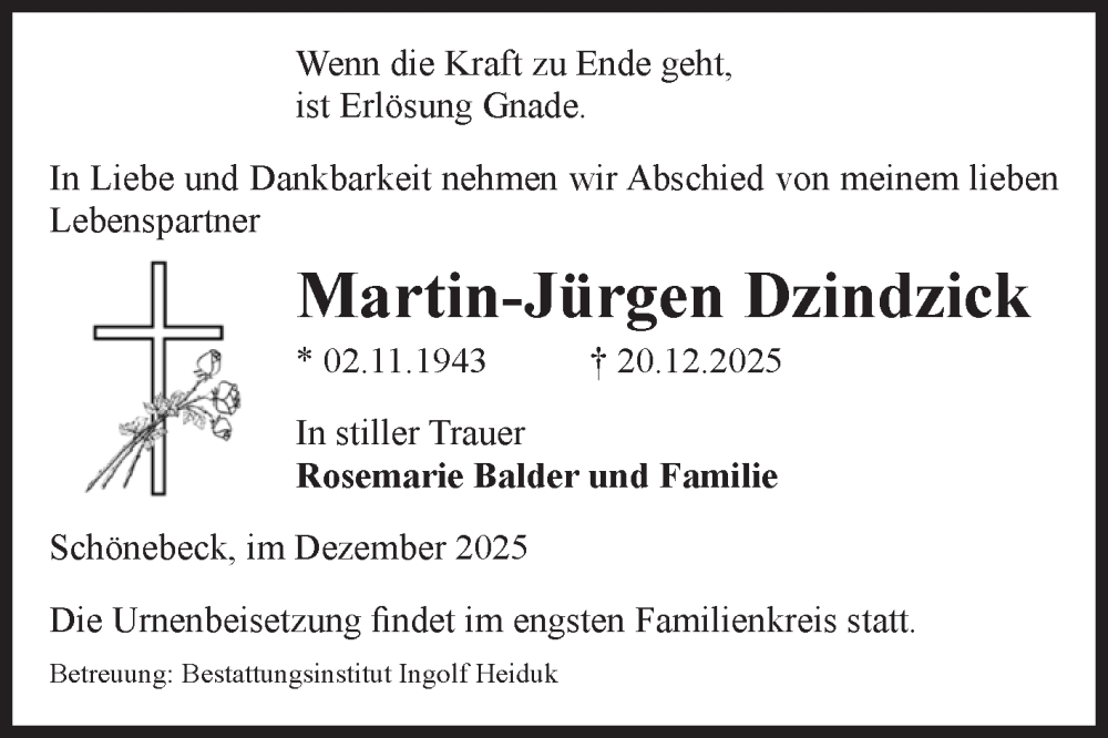  Traueranzeige für Martin-Jürgen Dzindzick vom 03.01.2026 aus Volksstimme Schönebeck