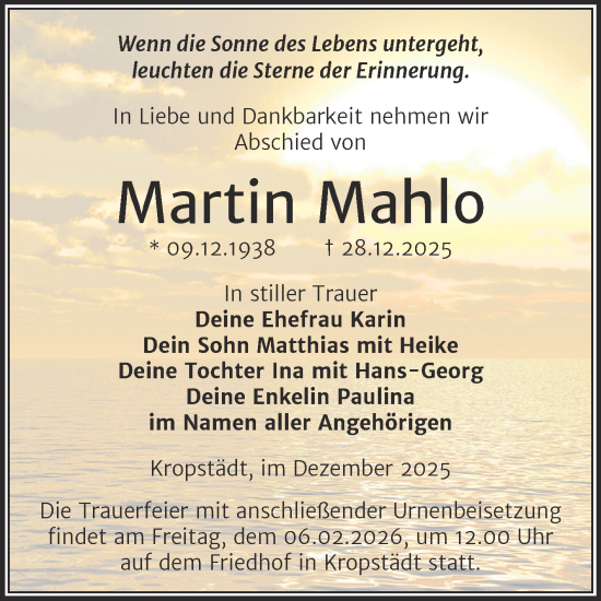 Traueranzeige von Martin Mahlo von Trauerkombi Wittenberg