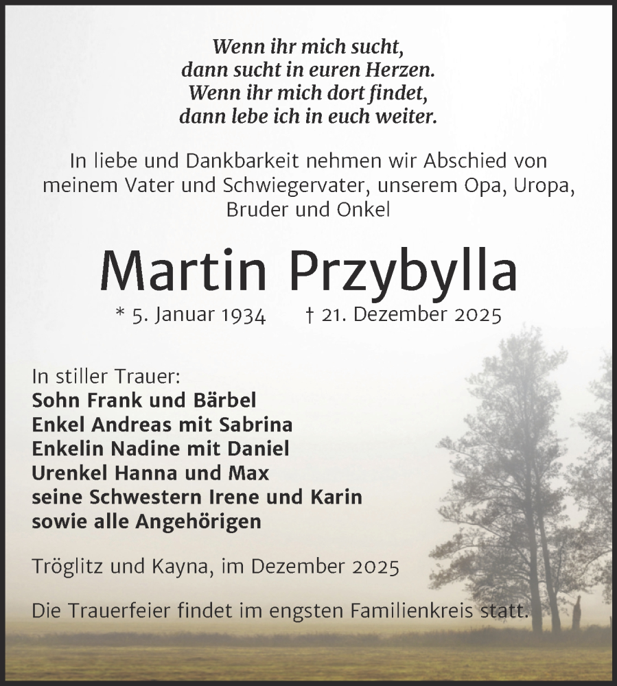  Traueranzeige für Martin Przybylla vom 03.01.2026 aus Trauerkombi Zeitz