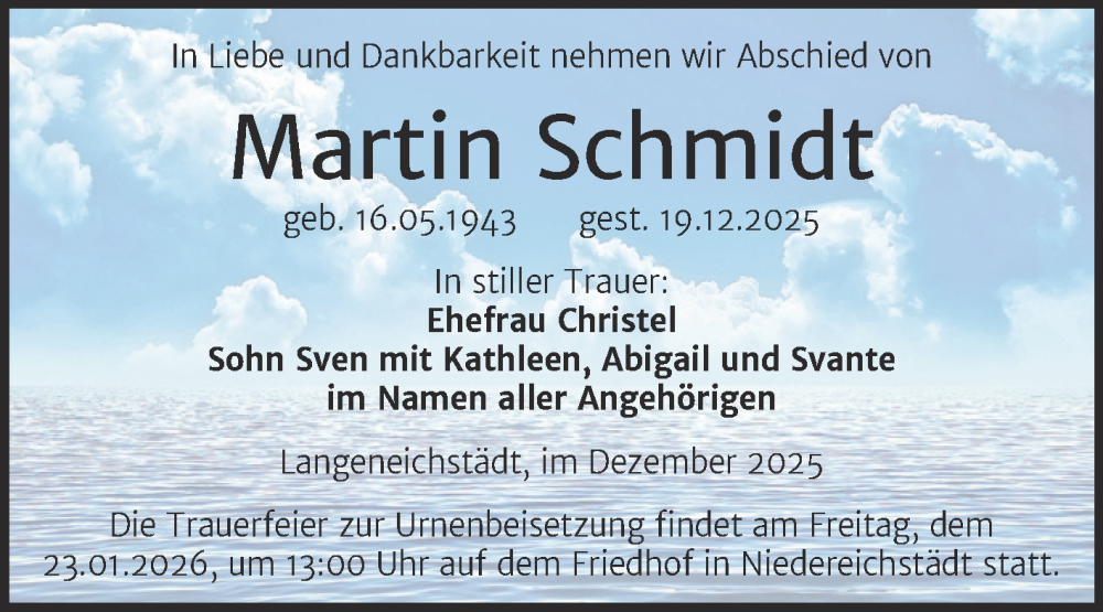  Traueranzeige für Martin Schmidt vom 03.01.2026 aus Trauerkombi Merseburg