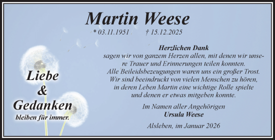 Traueranzeige von Martin Weese von Trauerkombi Bernburg