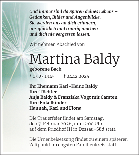 Traueranzeige von Martina Baldy von Trauerkombi Dessau