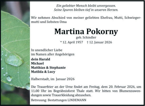 Traueranzeige von Martina Pokorny von Volksstimme Halberstadt