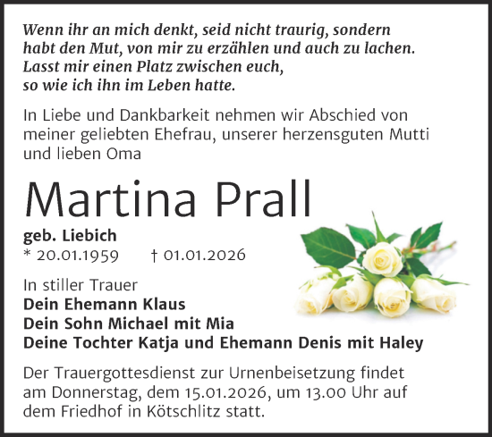 Traueranzeige von Martina Prall von Trauerkombi Merseburg