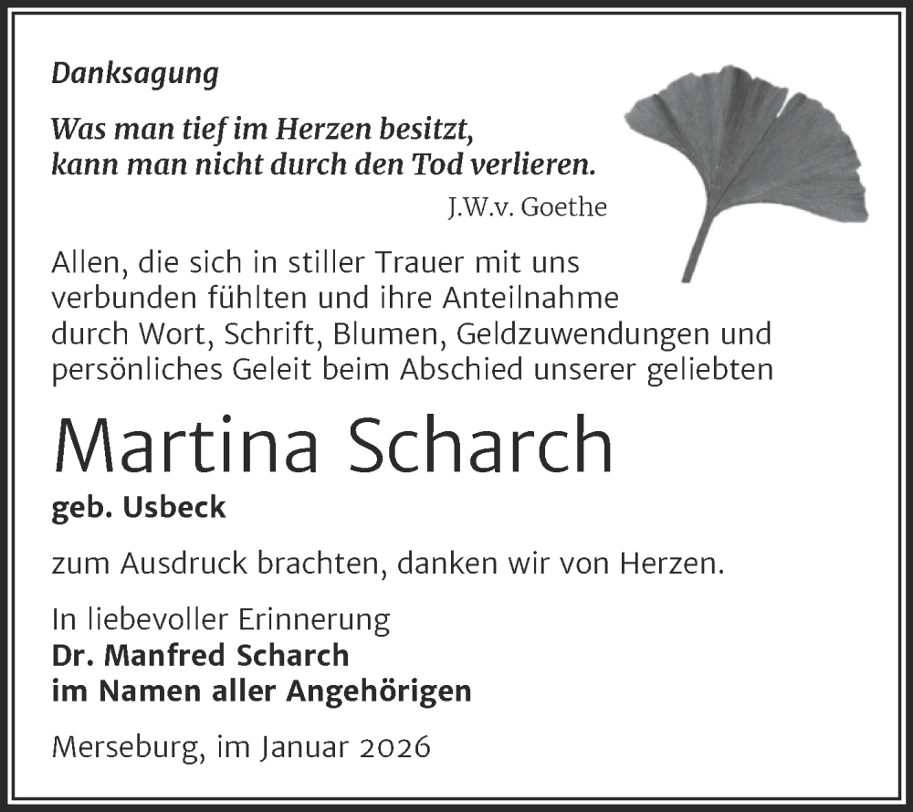  Traueranzeige für Martina Scharch vom 31.01.2026 aus Trauerkombi Merseburg