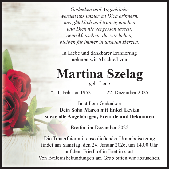 Traueranzeige von Martina Szelag 