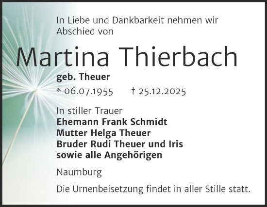 Traueranzeige von Martina Thierbach von Super Sonntag Naumburg/Nebra