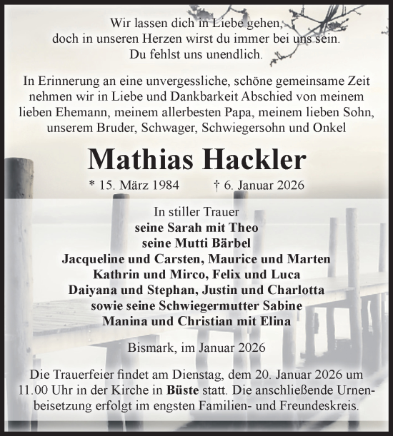 Traueranzeige von Mathias Hackler von Volksstimme Altmark Ost