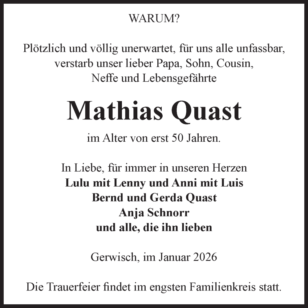  Traueranzeige für Mathias Quast vom 24.01.2026 aus Volksstimme Burg/Genthin
