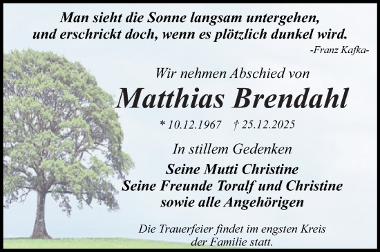Traueranzeige von Matthias Brendahl von Trauerkombi Dessau