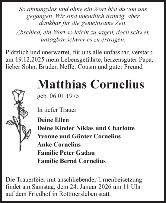 Traueranzeige von Matthias Cornelius von Volksstimme Altmark Ost