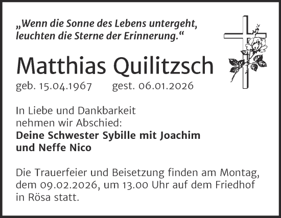 Traueranzeige von Matthias Quilitzsch von Trauerkombi Bitterfeld
