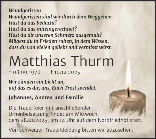 Traueranzeige von Matthias Thurm von Mitteldeutsche Zeitung Halle/Saalkreis