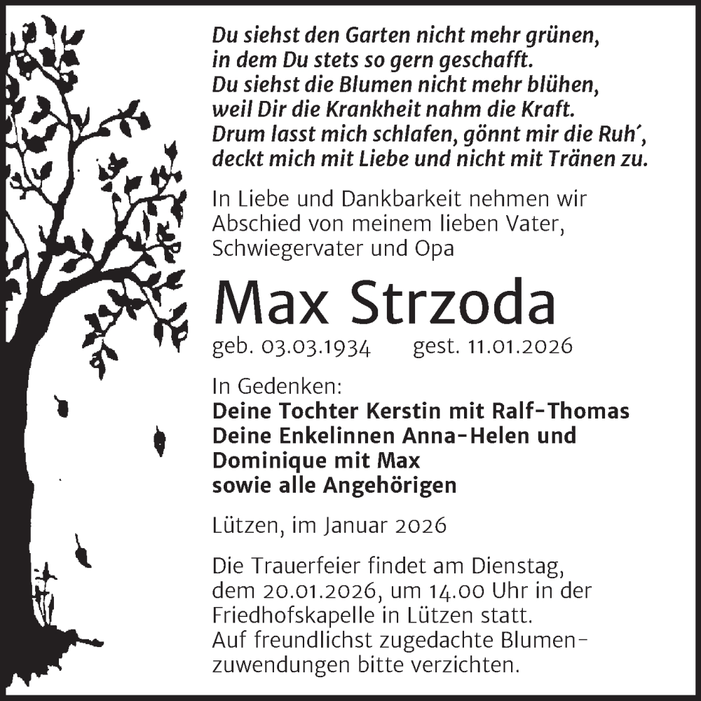 Traueranzeige für Max Strzoda vom 16.01.2026 aus Mitteldeutsche Zeitung Weißenfels