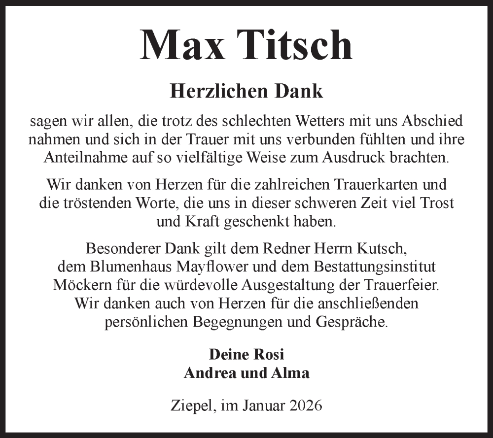  Traueranzeige für Max Titsch vom 24.01.2026 aus 