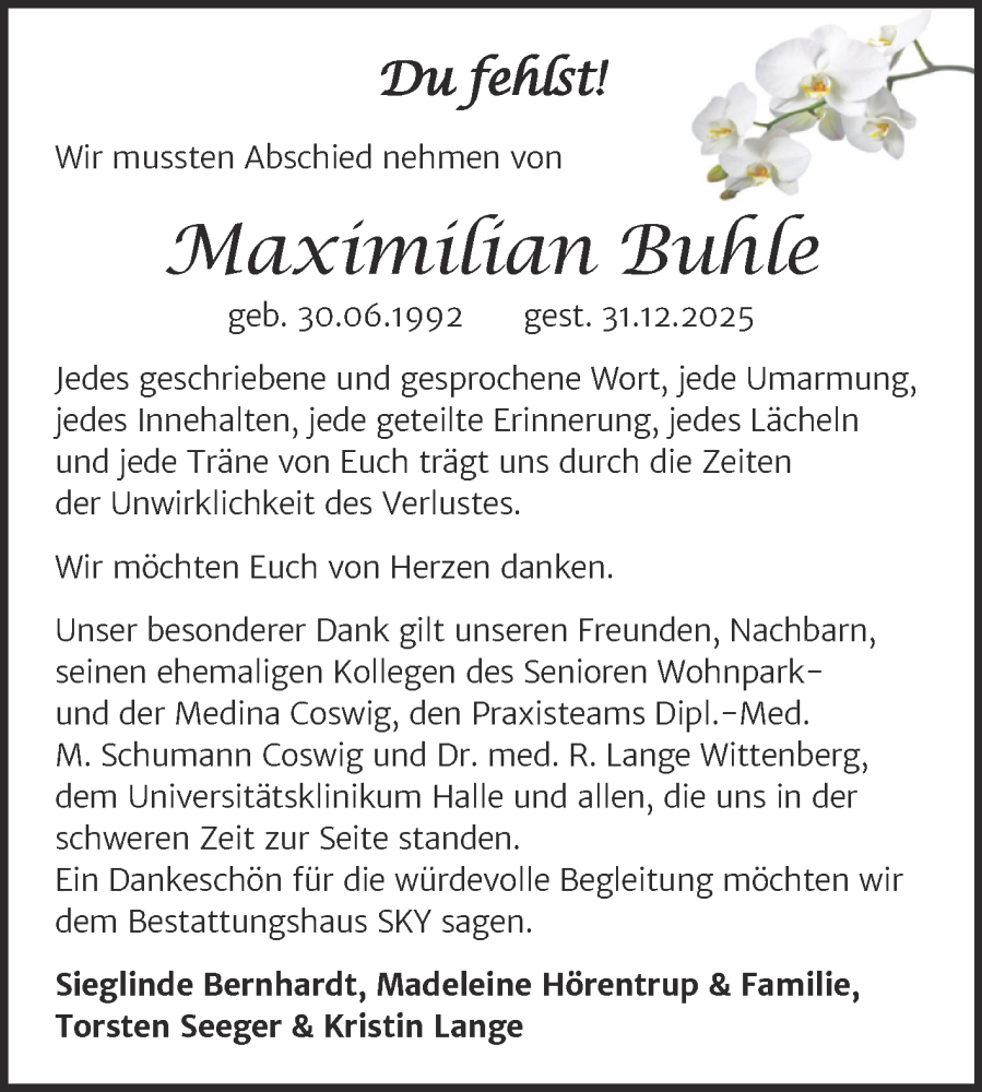  Traueranzeige für Maximilian Buhle vom 24.01.2026 aus Trauerkombi Wittenberg