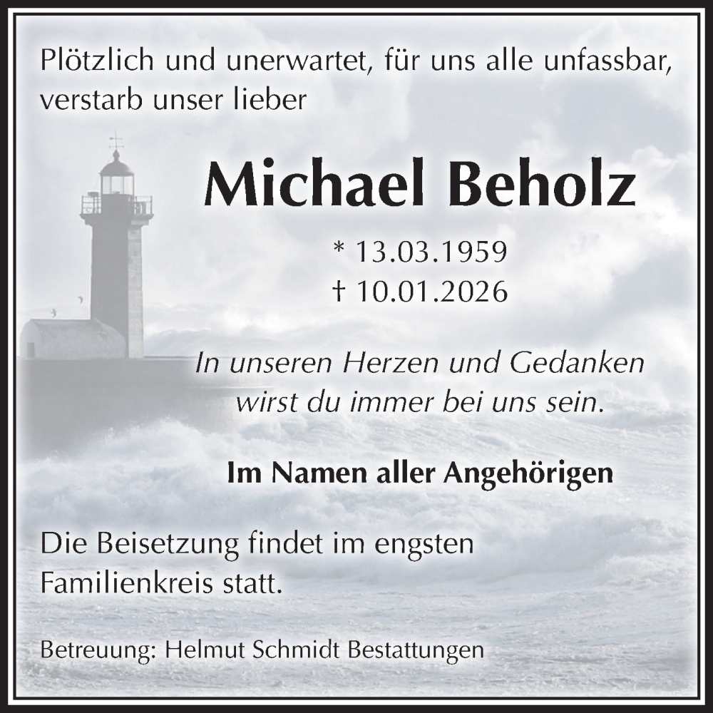  Traueranzeige für Michael Beholz vom 24.01.2026 aus Volksstimme Schönebeck
