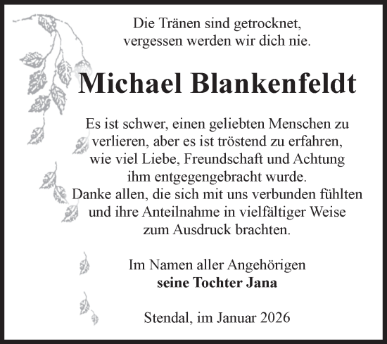 Traueranzeige von Michael Blankenfeldt von Volksstimme Altmark Ost