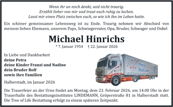 Traueranzeige von Michael Hinrichs von Volksstimme Halberstadt
