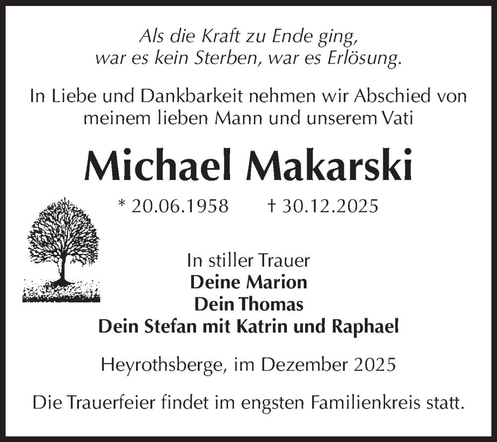  Traueranzeige für Michael Makarski vom 17.01.2026 aus Volksstimme Burg/Genthin