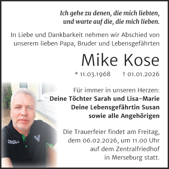 Traueranzeige von Mike Kose von Trauerkombi Merseburg