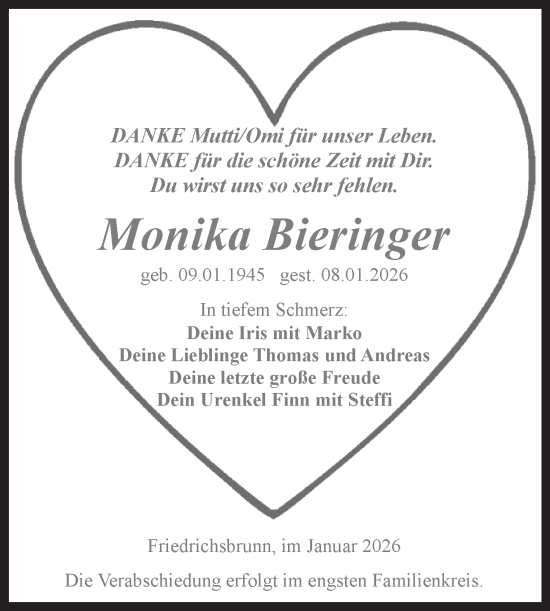 Traueranzeige von Monika Bieringer von Trauerkombi Quedlinburg