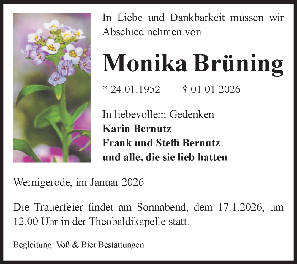  Traueranzeige für Monika Brüning vom 10.01.2026 aus Volksstimme Wernigerode