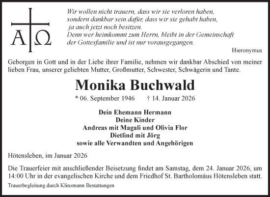 Traueranzeige von Monika Buchwald von Volksstimme Oschersleben/Wanzleben