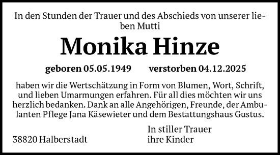 Traueranzeige von Monika Hinze von Volksstimme Halberstadt