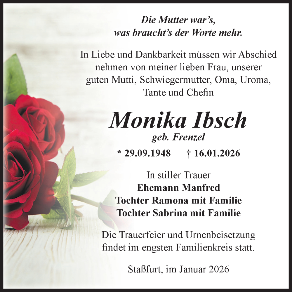  Traueranzeige für Monika Ibsch vom 24.01.2026 aus 
