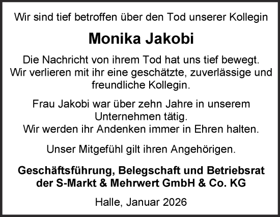 Traueranzeige von Monika Jakobi von Mitteldeutsche Zeitung Halle/Saalkreis
