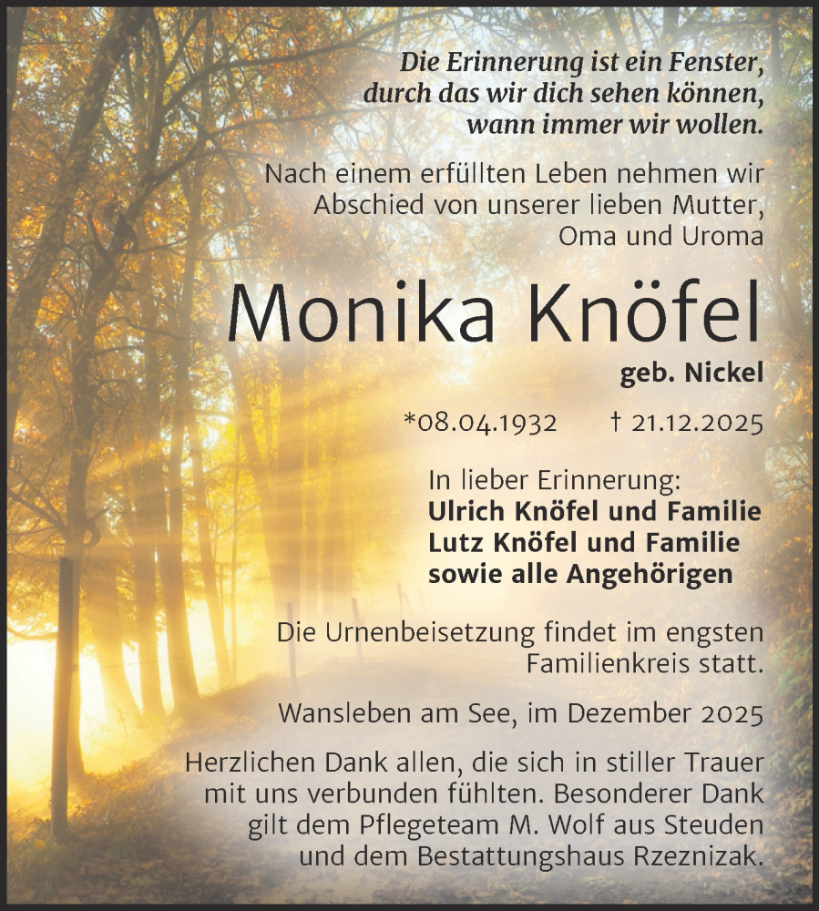  Traueranzeige für Monika Knöfel vom 10.01.2026 aus Trauerkombi Mansfelder Land