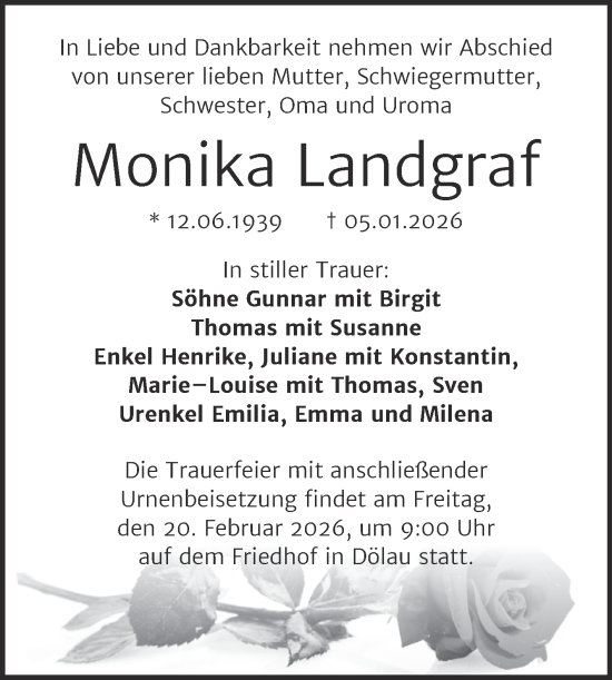 Traueranzeige von Monika Landgraf von Mitteldeutsche Zeitung Halle/Saalkreis