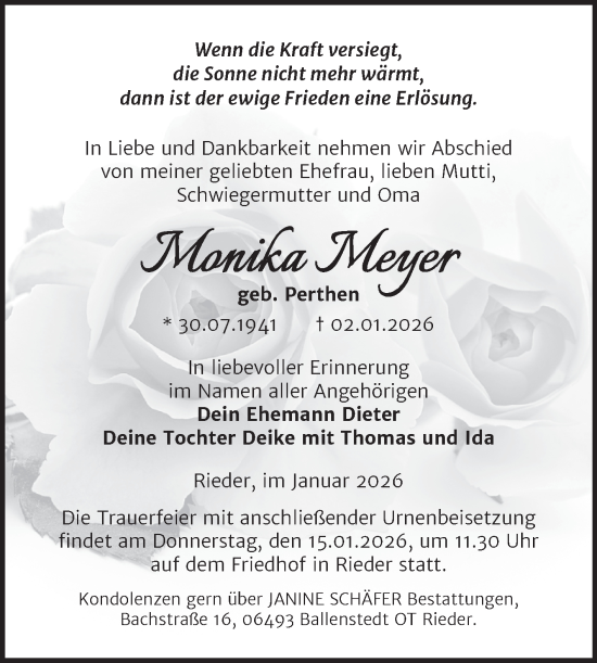 Traueranzeige von Monika Meyer von Trauerkombi Quedlinburg