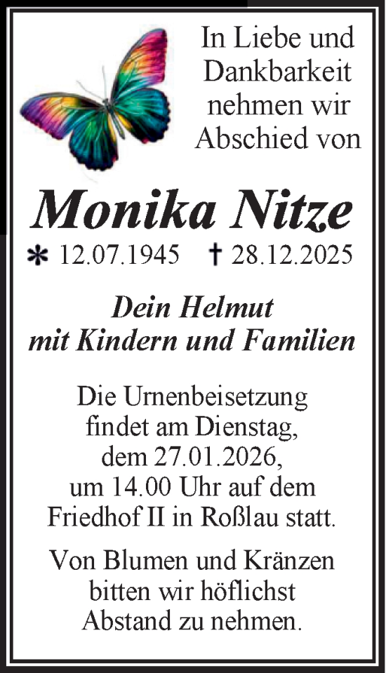 Traueranzeige von Monika Nitze von Trauerkombi Dessau