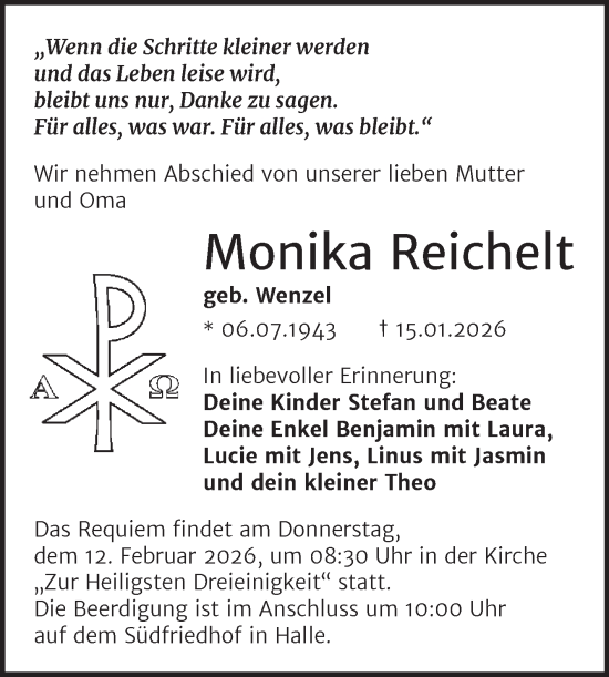 Traueranzeige von Monika Reichelt von Mitteldeutsche Zeitung Halle/Saalkreis