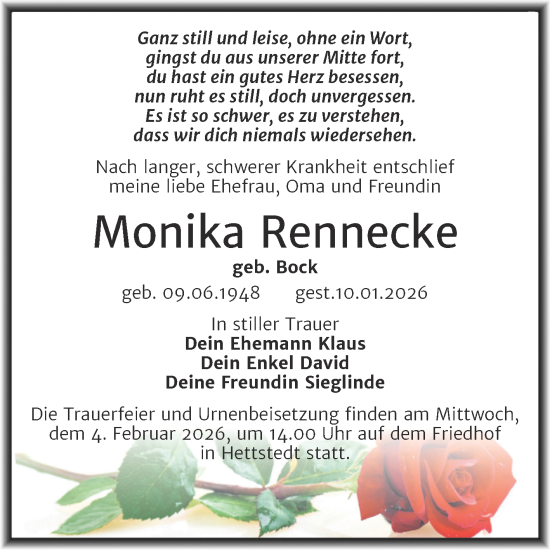 Traueranzeige von Monika Rennecke von Trauerkombi Mansfelder Land