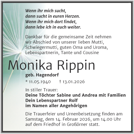Traueranzeige von Monika Rippin von Trauerkombi Mansfelder Land