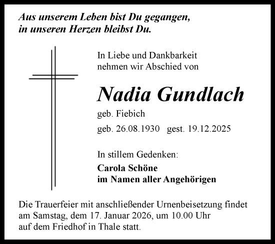 Traueranzeige von Nadia Gundlach von Trauerkombi Quedlinburg