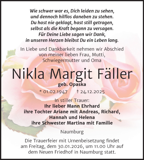 Traueranzeige von Nikla Margit Fäller von Super Sonntag Naumburg/Nebra