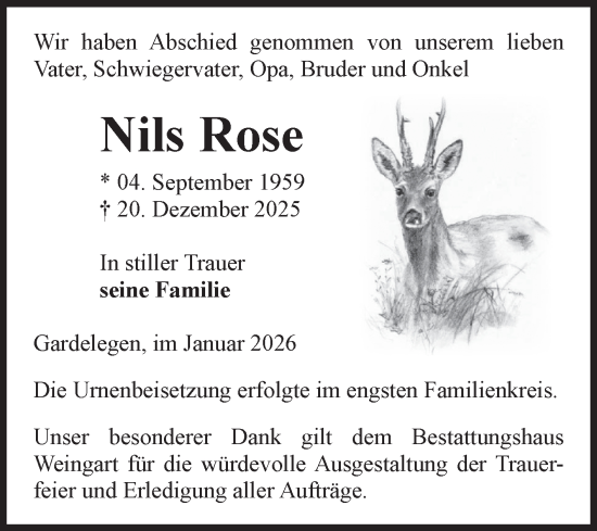 Traueranzeige von Nils Rose von Volksstimme Altmark West