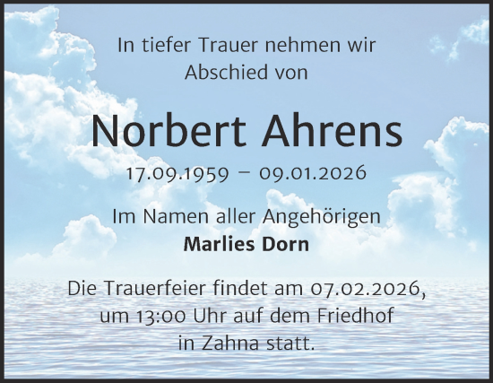Traueranzeige von Norbert Ahrens von Trauerkombi Wittenberg