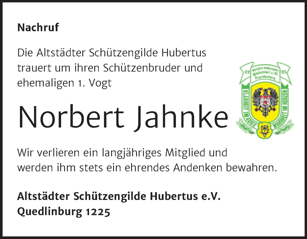 Traueranzeige für Norbert Jahnke vom 24.01.2026 aus Trauerkombi Quedlinburg