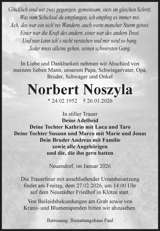 Traueranzeige von Norbert Noszyla von Volksstimme Altmark West