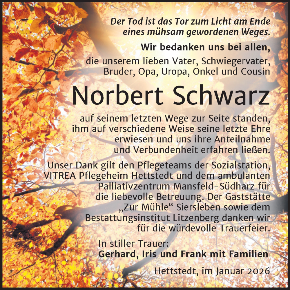  Traueranzeige für Norbert Schwarz vom 31.01.2026 aus Trauerkombi Mansfelder Land