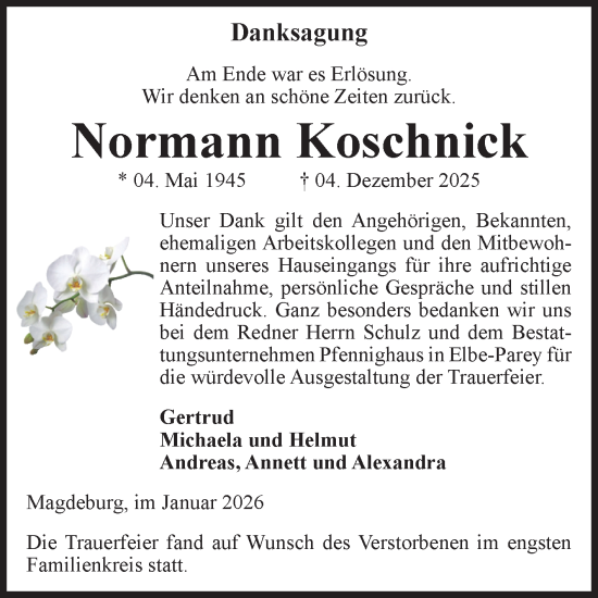 Traueranzeige von Normann Koschnick von Volksstimme Magdeburg