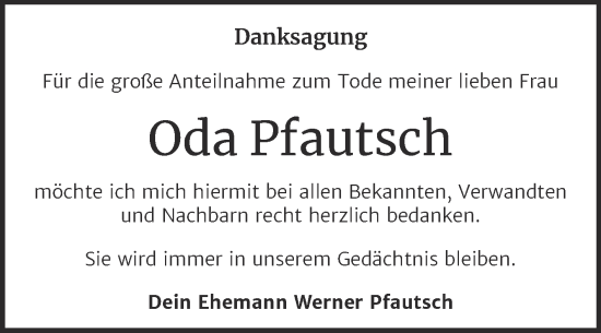 Traueranzeige von Oda Pfautsch von Trauerkombi Wittenberg